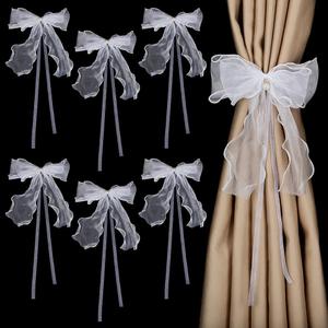FINGERINSPIRE 6 pcs Bow Lace Curtain Tiebacks with Pin White Bowknot Curtain Ties with PVC Imitation Pearl Elegant Lace Ribbon Bow Straps Drapery Holdbacks Tie Rope Home Decoration