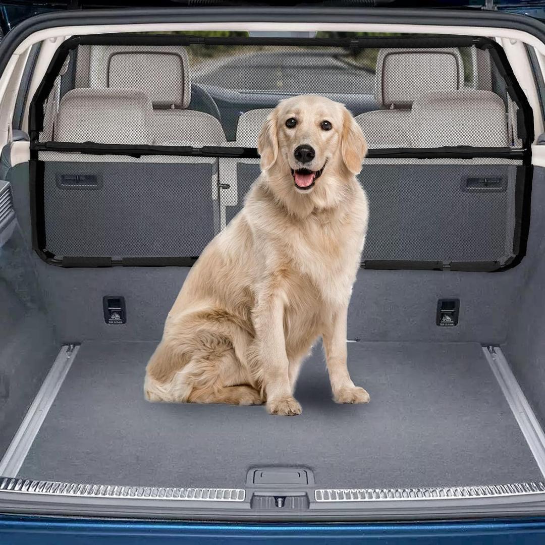 Dog Car Barrier Escape-Proof, 46" Wide Car Divider for 3rd Row Seats & Cargo Area, Durable Cargo Area Dog Car Gate Trunk Barrier with See Through Net Mesh for Small-Sized SUV & Vehicles Or Hatchback