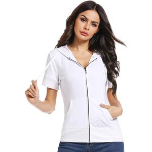 MISS MOLY Women's Short Sleeve Hoodie Full Zip Up Cotton Slim Fit Sweatshirt with Pocket (White, L)