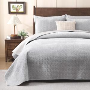 Velvet Quilt Set King Size - 3-Piece Lightweight Bedding, Soft Velvet Comforter, Oversized Bedspread Coverlet for All Season, Soft Gray