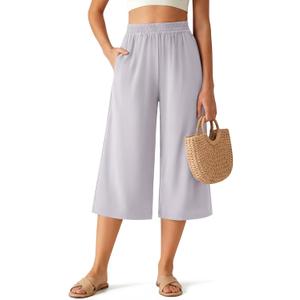 G4Free Chillwhisp Flowy Capri Pants for Women Lightweight Wide Leg Cropped Pants Elastic Waist Palazzo Capris for Beach (Large, Chime Gray)