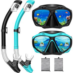 Snorkeling Gear for Adults, Panoramic Wide View Mask Dry Snorkel Set, Leak-Proof and Anti-Fog Snorkel Kit with Mesh Bag (Black+Green)