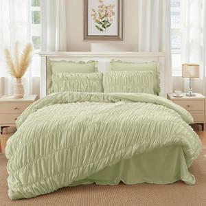 Sage Green King Size Comforter Set - Boho Fluffy Ruched Bedding Comforter Set with 2 Pillowcases, 3 Pieces Soft Shabby Chic Ruffle Bed Set for All Season