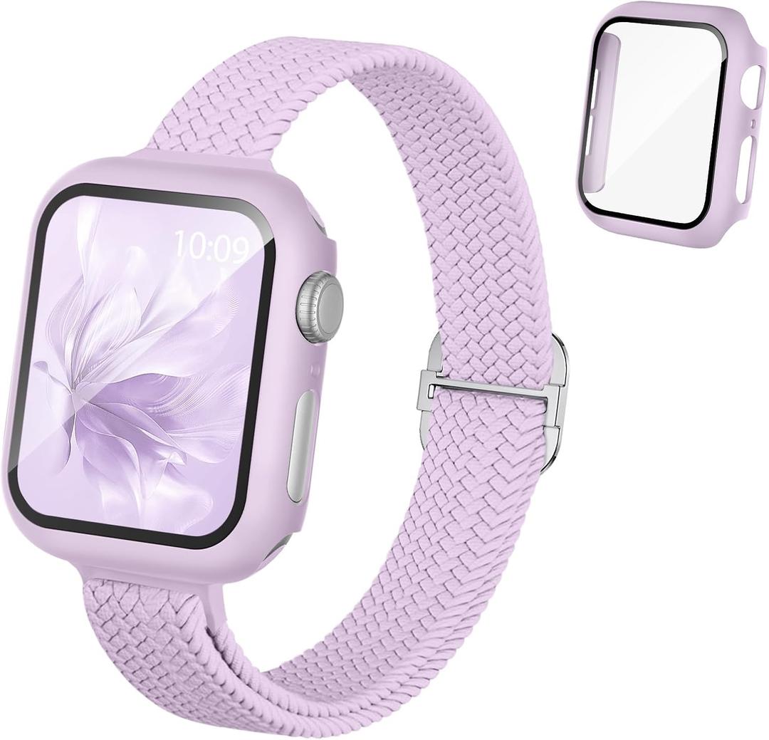 Slim Braided Stretchy Band and Case Compatible for Apple Watch Bands Women 40mm 41mm 42mm 44mm 45mm 46mm, Thin Nylon Solo Loop Protective Cover and Screen Protector for iWatch Series 11/10/9/8/7/6/5/4
