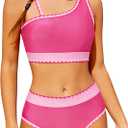 Funnycokid Girls Size 10 Swimsuit Two Piece Bathing Suit Kids Hotpink 9-10 Adjustable Straps Bikini Sets with Chest Pad Swimwear (Pink) 10Y