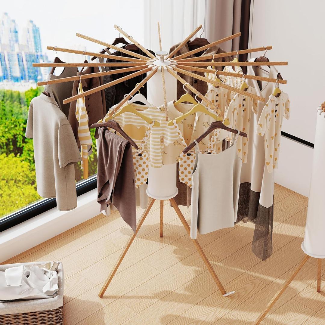 Clothes Drying Rack Tripod, Drying Rack Clothing, Laundry Drying Rack, Floor Standing,16 Wooden Poles, Collapsible Drying Racks for Laundry, Retractable, Foldable, Folding