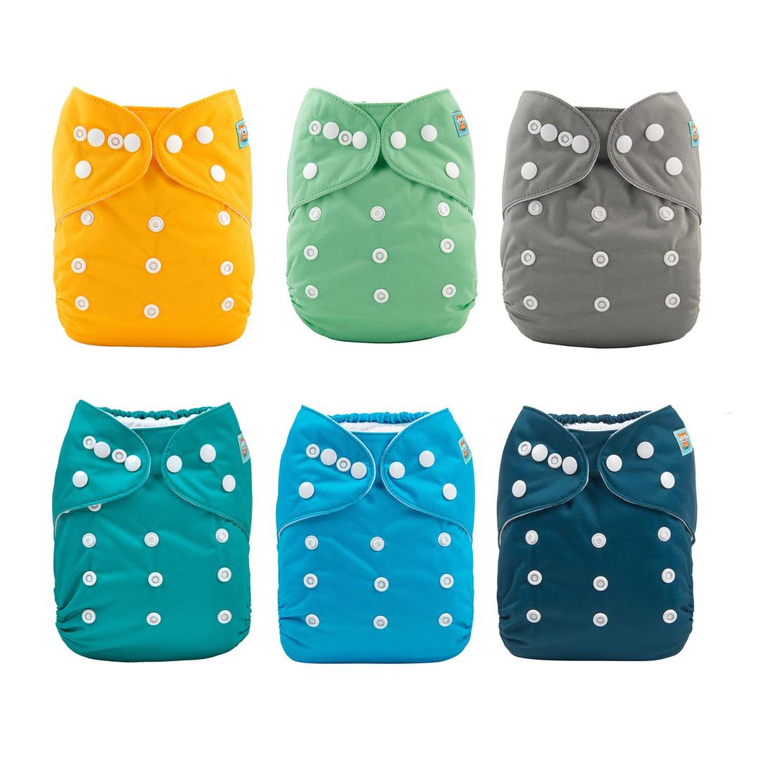 ALVA 6 Pack Cloth Diaper with 12 Inserts One Size Adjustable Washable Reusable Diaper Cover for Baby Girls and Boys (02yellow/Gray/Blue/Light Green/Cyan/Dark Cyan)