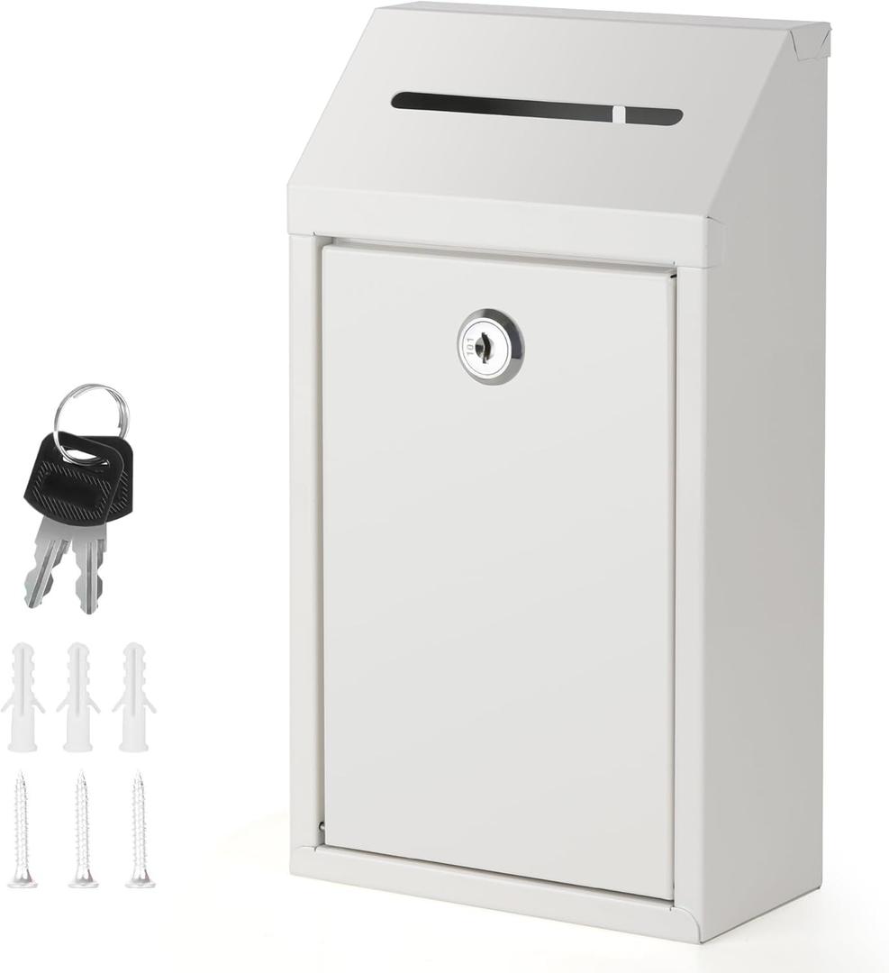Metal Locking Mailbox Wall Mounted RustMail Case Lockable Mail Letterbox Suggestion Box for Home Office Outdoor Door, 10.24 x 5.71 x 2.75 Inch (White)