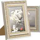 upsimples 5x7 Picture Frame with Real Glass, Ornate Vintage 5 x 7 Photo Frames for Wall Decor or Tabletop Display, White and Gold, 2 Pack