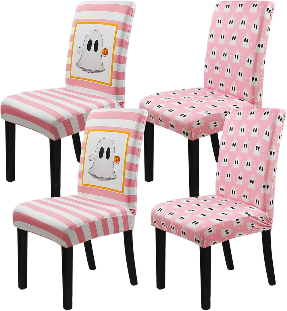 Halloween Chair Covers Set of 4 Cute Ghost Pumpkin Dining Room Slipcovers Stretch Parsons Chair Seat Protectors Halloween Decor-4PCS (One Size, Pink White)