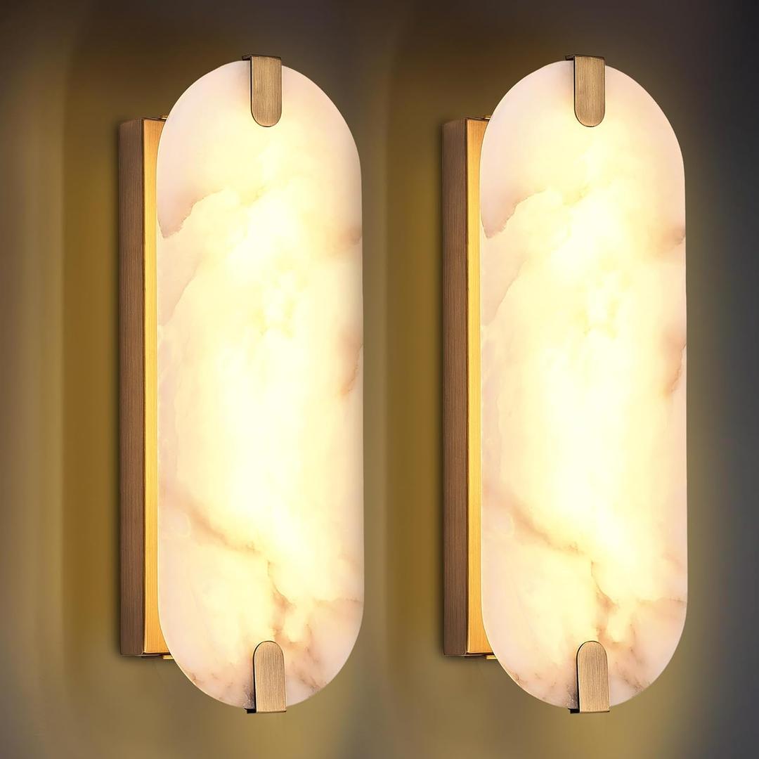14.17in Alabaster Wall Sconces, Natural Marble Wall Light Set of Two, Modern LED Alabaster Sconces for Living Room Indoor Wall Lamps for Dining Room Stairs Bedroom,Brushed Gold (2 Pack)