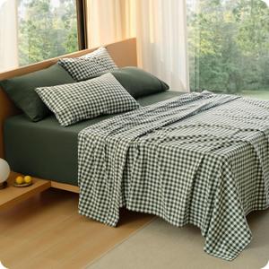 Bedsure 100% Washed Cotton Percale Sheets King Size - Linen Like Textured Gingham Sheets, 6-Piece Bedsheet Set with 18" Deep Pocket, Breathable & PureWoven Soft Comfy (Gingham Olive Green, King)