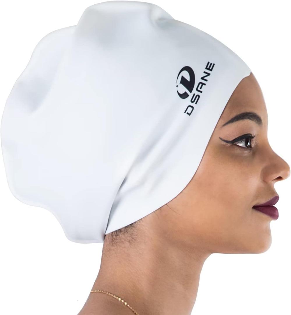 Dsane Extra Large Swimming Cap for Women and Men,Special Design Swim Cap for Very Long Thick Curly Hair&Dreadlocks Weaves Braids Afros Silicone Keep Your Hair Dry (white)