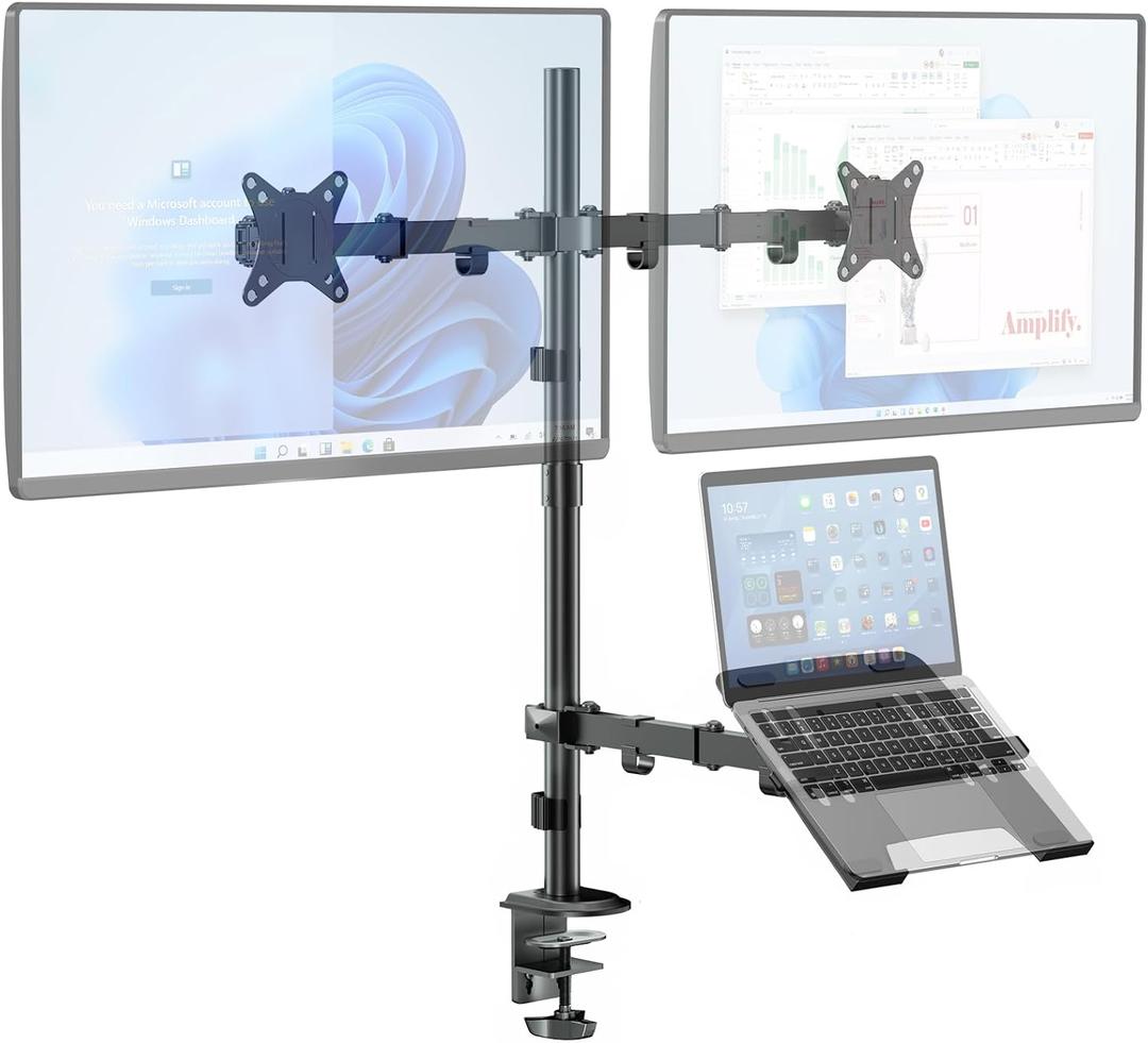 Dual Monitor Stand and Laptop Mount Fit Two 17 to 32 Inch Monitor and 10 to 17 Inch Laptop,Extra Tall Adjustable Stand,19.8 lbs Weight Capacity per Arm,Black