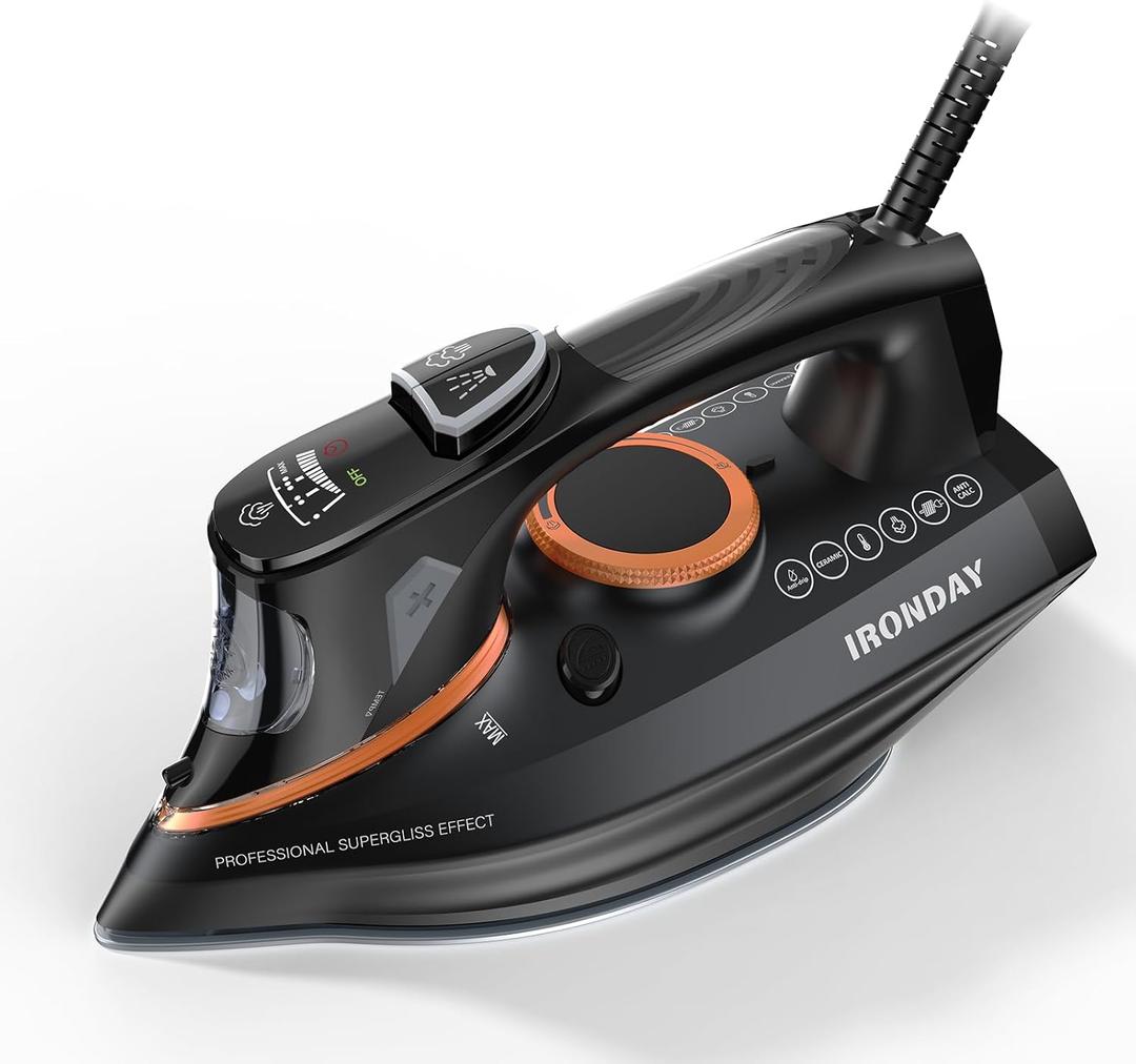 Steam Iron for Clothes with LCD Screen, 1700W Iron Non-Stick Ceramic Soleplate, Auto Shutoff, Self-Cleaning, Anti-Drip,Steam Burst, Spray Mist 10.14oz Water Tank Ironing Clothes for Home,Black