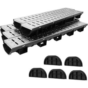 5 Pack Trench Drain System, 304 Stainless Steel Metal Grate & HDPE Channel Drainage for Garage Flooring Drain, 39x5.9x3.1in, Easy to Install,Suitable for Driveway, Garden, Pool Deck