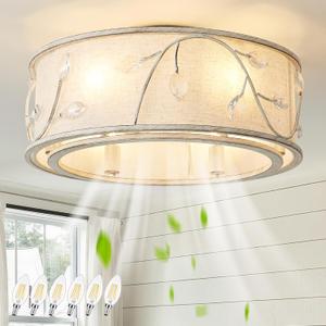 Caged Flush Mount Ceiling Fans with Lights, 20" White Boho Ceiling Fan, Low Profile Crystal Ceiling Fan with Light Remote Control, Small Mid Century Bladeless for Bedroom(6 E12 Bulb Include)