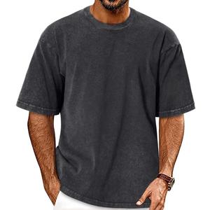 Oversized Tshirts for Men Short Sleeve Vintage Washed Basic Loose Tees (Black, L)