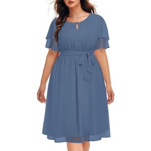 Pinup Fashion Plus Size Dresses for Wedding Guest - Semi Formal Cocktail Chiffon Keyhole Neck Knee Length Dress 20 W
