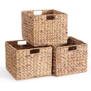 12X12X10in Water Hyacinth Storage Baskets, Wicker Storage Cubes Set of 3, Kitchen Baskets for Pantry Organization, Foldable Square Baskets for Shelves