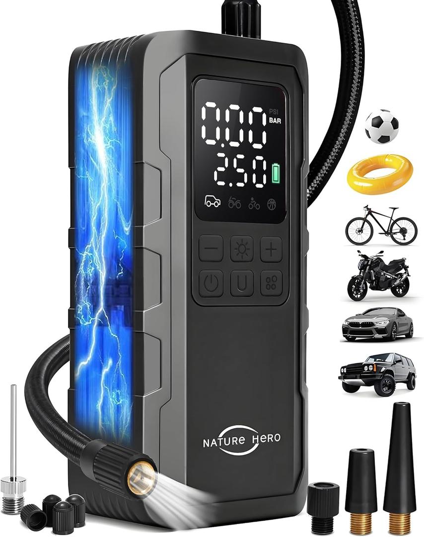Tire Inflator Portable Air Compressor and Power Bank - 150PSI Compressor Portable Tire Inflator for Car, Motorcycle, Bicycle, Balls - Car Air PumpBlack