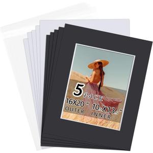 Falling in Art 5 Pack Acid Free 16x20'' Black Picture Mats Board Show Kit for 11x14'' Pictures, 4-Ply Beveled Pre-Cut Photo Boards with Backing Board and Plastic Clear Bags