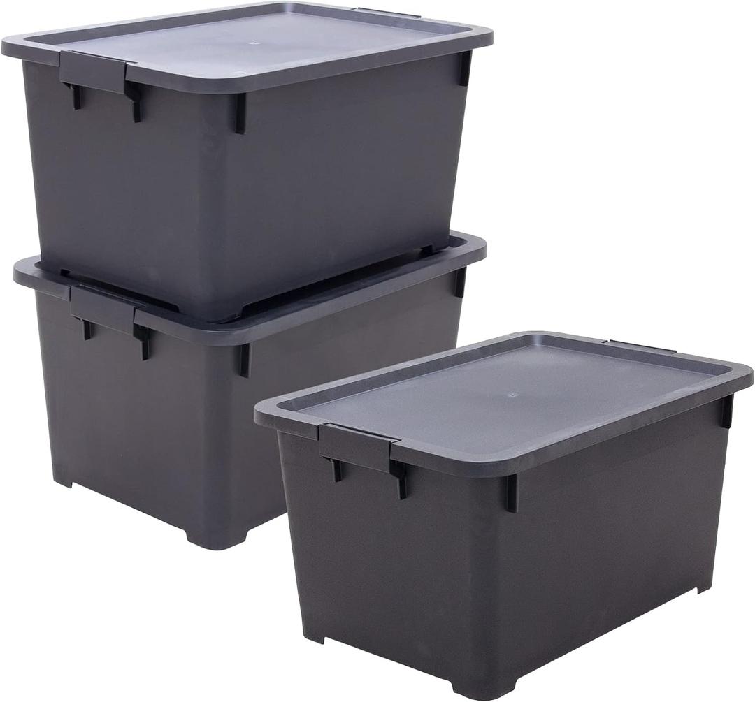ASTAGE 35qt Stackable Rolling Storage Tote Plastic Bins Container Box Organizing Box Opaque Storage bins with Lids for Closet Garage Office - 3pack (Black, 35qt)