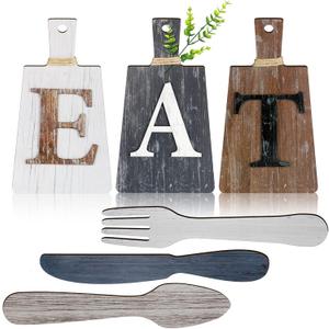 Blulu 6 Pieces Cutting Board Eat Sign Set Hanging Kitchen Eat Sign Fork and Spoon Wall Decor Rustic Farmhouse Decor for Kitchen and Home Decoration Art(Classic Color)