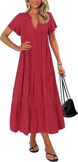KIRUNDO Summer Maxi Dresses for Women 2025 Spring Fashion Short Sleeve Button V Neck Pleated Loose Tiered Swing Flowy Dress, Red M, 