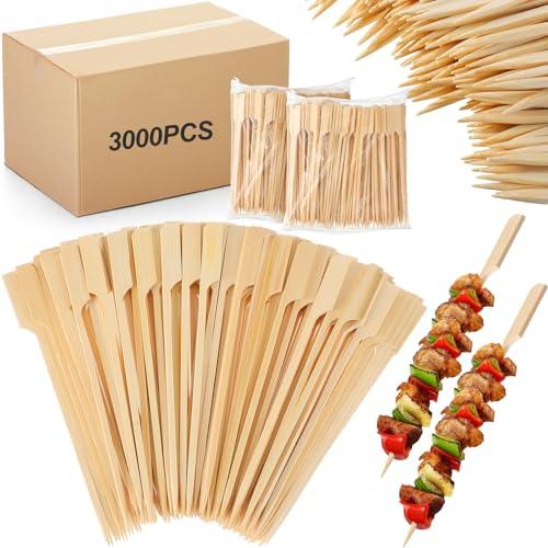 Minatee 3000 Pcs Bamboo Skewers for Appetizers Toothpicks Wide Wooden Skewers Paddle for Kabobs Cocktail Picks Fruit Kababs Bbq Barbecue Sausage Grilling (6 Inches)