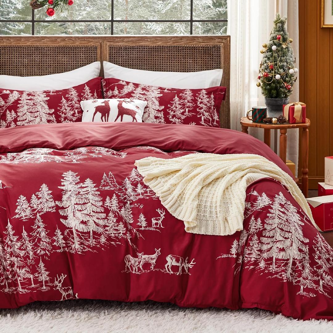 Bedsure Christmas Duvet Cover King - Red Forest Christmas Bedding Set, 5-Piece Includes 1 Duvet Cover, 2 Pillow Shams, 1 Throw Blanket and 1 Decorative Pillow (King, Red Forest) (08 - Red Forest (No Comforter))