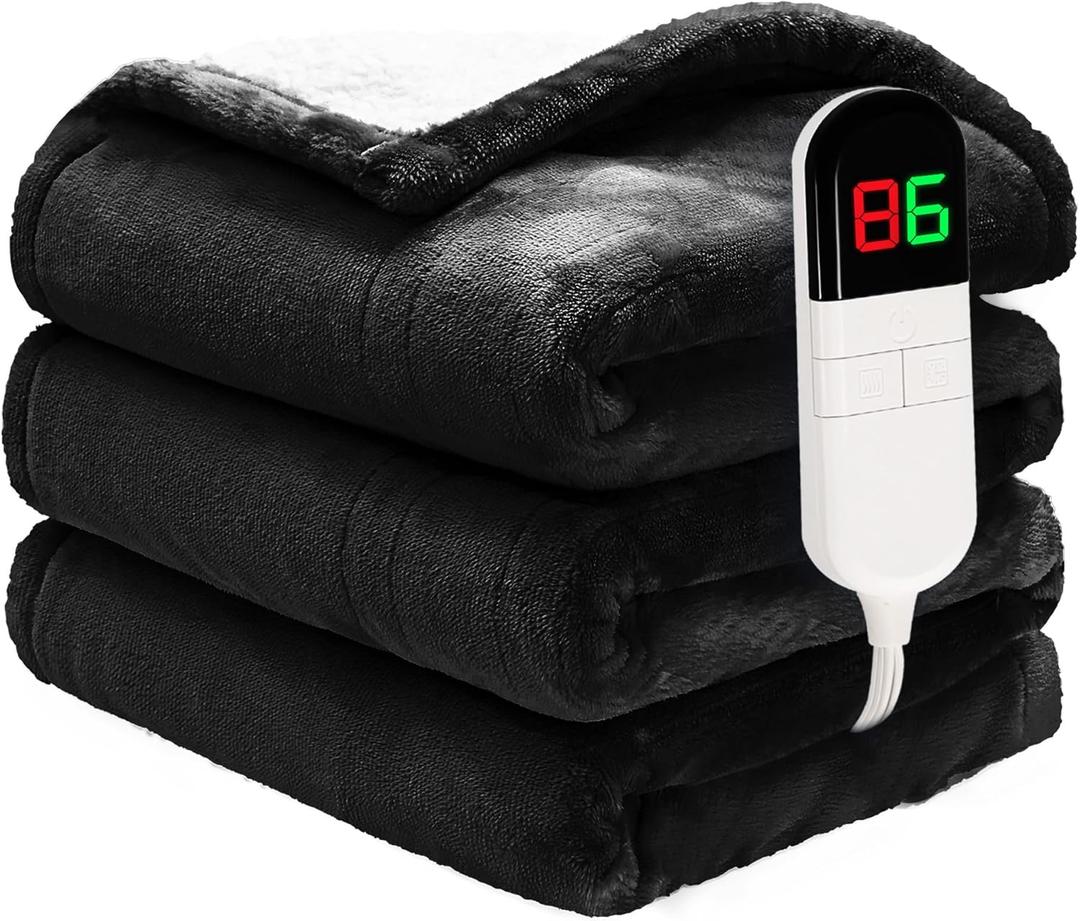 Heated Throw Blanket 50"60" - Premium Cosy Soft Electric Blanket with 6 Heating Levels,Fast Heating Flannel Sherpa Blanket for Bed & Couch - Auto Shut Off/Machine Washable (Black)