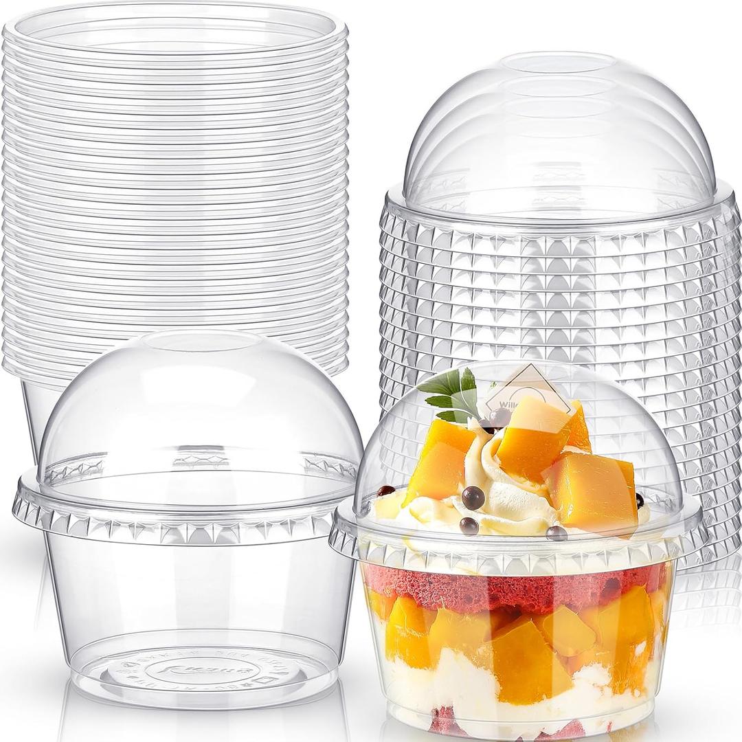 Vesici 150 Pcs 8 oz Disposable Clear Cups with Dome Lids Dessert Cup Disposable Parfait Clear Plastic Snack Bowls Ice Cream Cake Fruit Cups for Summer Party Wedding Picnic Iced Cold Drink