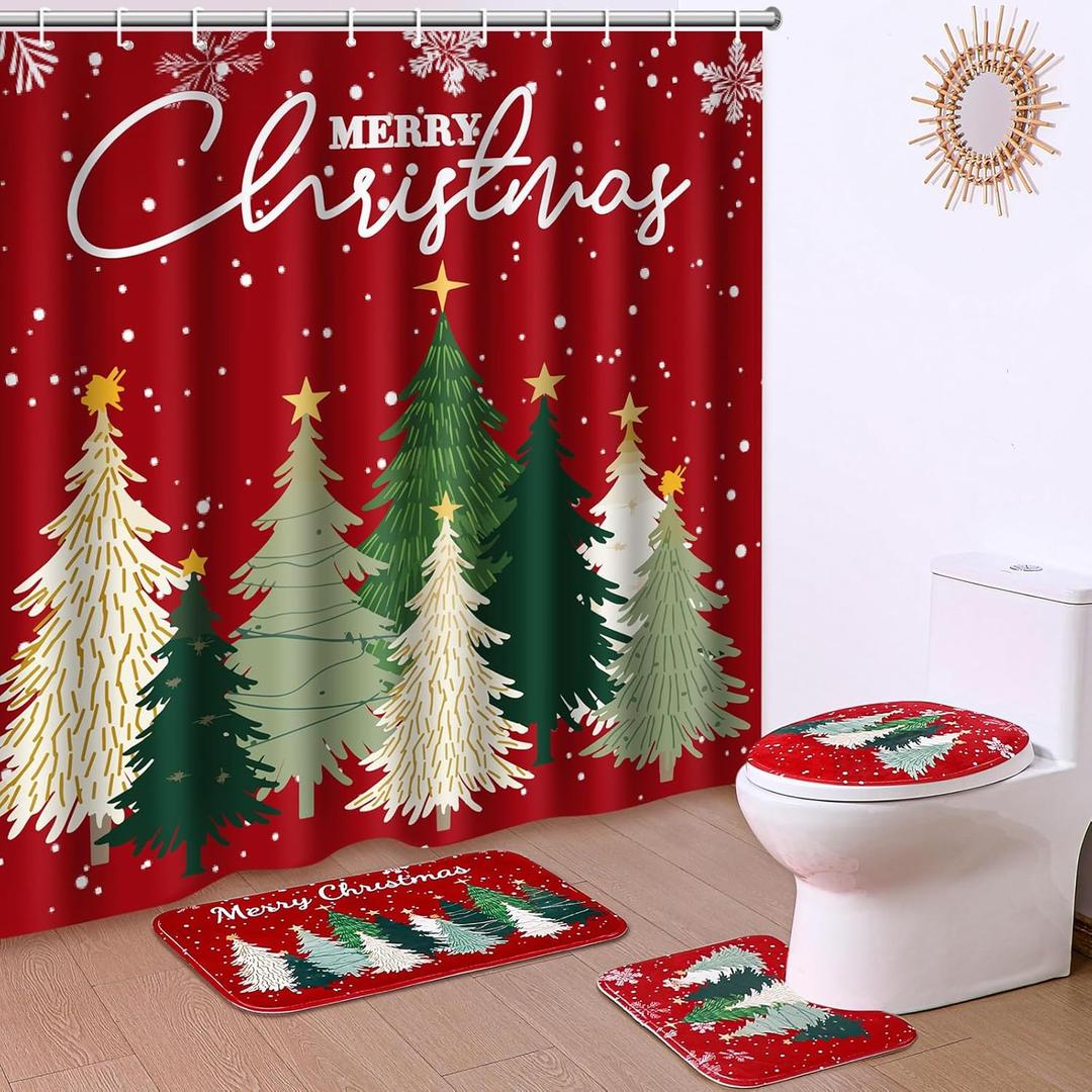 Fanfanwin 4 Pcs Merry Christmas Bathroom Set with 71x71 Inches Christmas Tree Shower Curtain Non-Slip Rugs Toilet Lid Cover and Bath Mat Waterproof Bathroom Decor Accessories Set