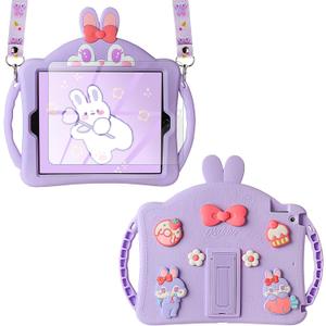 WESADN for iPad 9th Generation Case iPad 8th 7th Generation Cases 10.2 inch for Kids Girls with Screen Protector Shoulder Strap Kickstand Cute Rabbit Silicone Cover for iPad 10.2 Case Purple