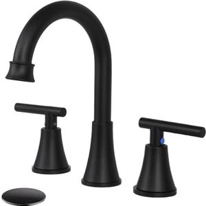 HOTIS Black Bathroom Faucet 3 Hole, 2 Handle 360° Swivel Matte Black 8 Inch Widespread Bathroom Sink Faucet, Lavatory Sink Faucet with Pop-up Drain and Supply Lines, HT-BF302