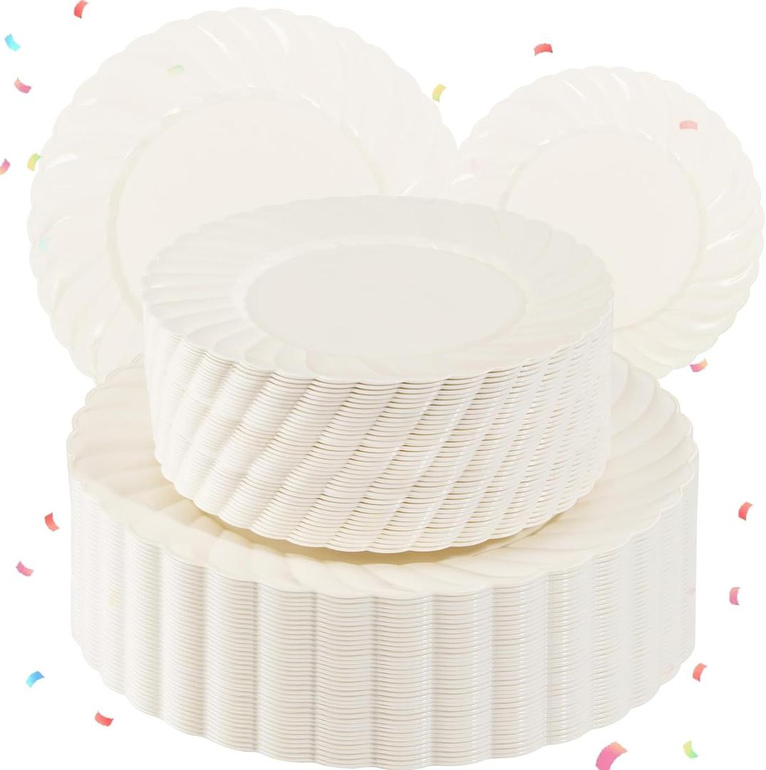 U-QE 100 Piece Ivory Scalloped Plastic Plates for Party - Plastic Plates Disposable Heavy Duty - High End Disposable Plates for Party Including 50PCS 9'' & 50PCS 6.5''