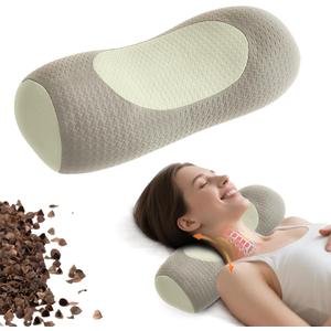 Organic Buckwheat Cervical Neck Pillow, Adjustable Neck Roll for Sleeping, Ergonomic Neck Support Bolster for Side & Back Sleepers, Firm Support Pillow for Neck Pain Relief & Spine Alignment (Warm White)