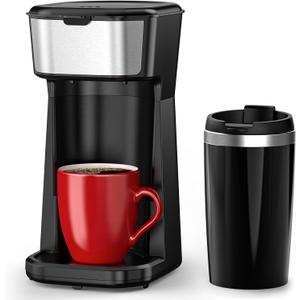 Personal Single Serve Coffee Maker - Quick Brew with Grounds and Tea Bags (Not Compatible with K-Cups), Includes 14oz Travel Mug, One-Touch Operation