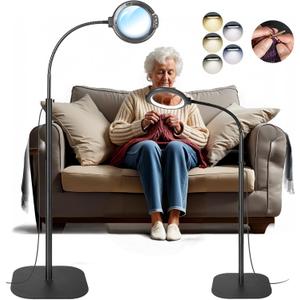 12X Large Magnifying Glass with Light and Floor Stand, Flexible Gooseneck Floor Lamp, 5.2" Lighted Magnifier Hands Free with 5 Color Mode 10 Adjustable Brightness, Clamp for Close Work,Sewing, Repair