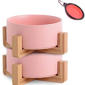 Petygooing Pink Ceramic Dog Cat Bowl Set with Stand, Pet Food and Water Dish, Medium Dog Bowls Anti Slip Set of 2 Cat Bowls Pet Food Bowl- Pet Dishes Small Medium Size Pet (28 OZ /3.6 Cups)