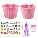 Kid's Bicycle Basket Streamers Set, Children's Bike Handlebar Wicker Basket with Colourful Bike Streamers Bell and Stickers, Bike Decoration Accessories Kit for Girls (Pink)