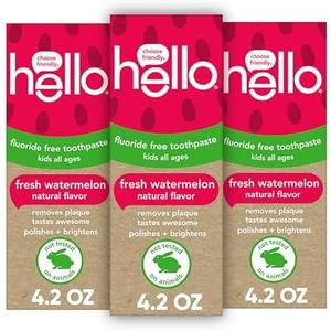Hello Natural Watermelon Flavor Baby & Kids Fluoride Free Toothpaste, Vegan, SLS Free, Gluten Free, Safe to Swallow for Baby and Toddlers, 4.2 Ounce (Pack of 3) Exp 2027