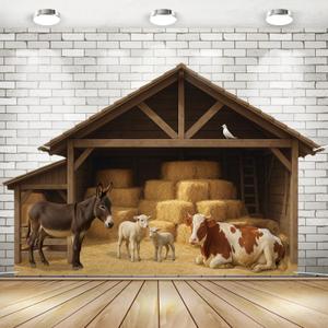 Panelee 9.8x6.5ft Christmas Nativity Backdrop Decoration Nativity Stable Scene Backdrop Banner Farm Barn Manger Straw Bales Haystack Yard Garage Door Wall Decor for Xmas Holiday Party Decor