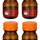 PATIKIL 4 Pack Reagent Media Storage Bottles, 100ml Borosilicate Glass Graduated Round Bottles with Orange GL32 Screw Cap for Lab Water Reagent Liquids, Amber