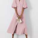 chouyatou Women Summer Puff Sleeve Button Down Shirt Dress Flowy Elegant Business Casual Midi Long Dress (Pink, L)