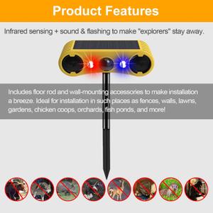 HULPPRE Solar Outdoor Motion Sensor Alarm-13 Sounds Including Dog Barking&Gunshot,2 * 130db Loud Noise Maker,4 Modes,Red&Blue Motion Activated Strobe Light,Say Goodbye to The Intruders