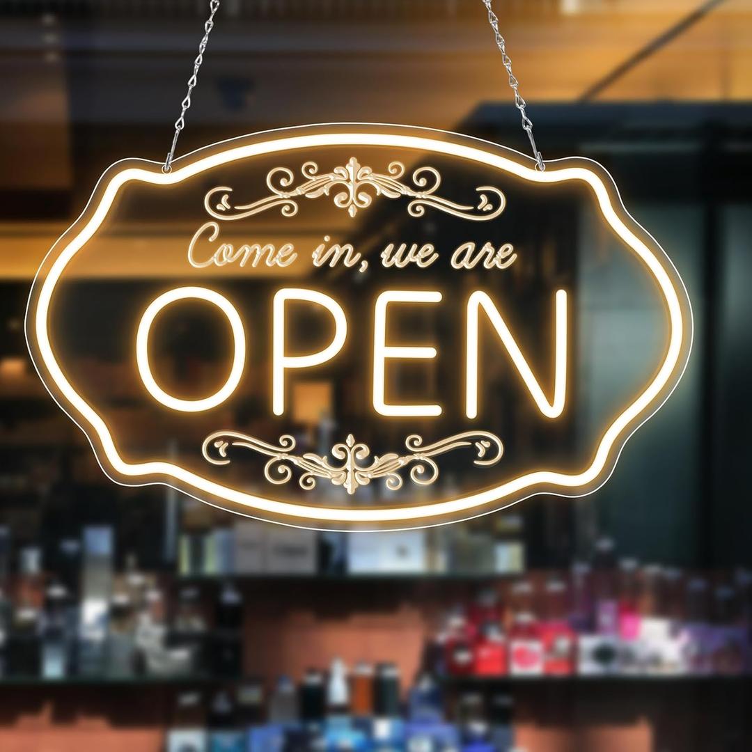 LED Neon Open Sign for Business, 16.5x10'' Come in Were Open Sign, Warm White Adjustable Brightness Neon Lights for Party, Bar, Salon, Stores, Hotel, Wall Decor, Clubs, Hotels