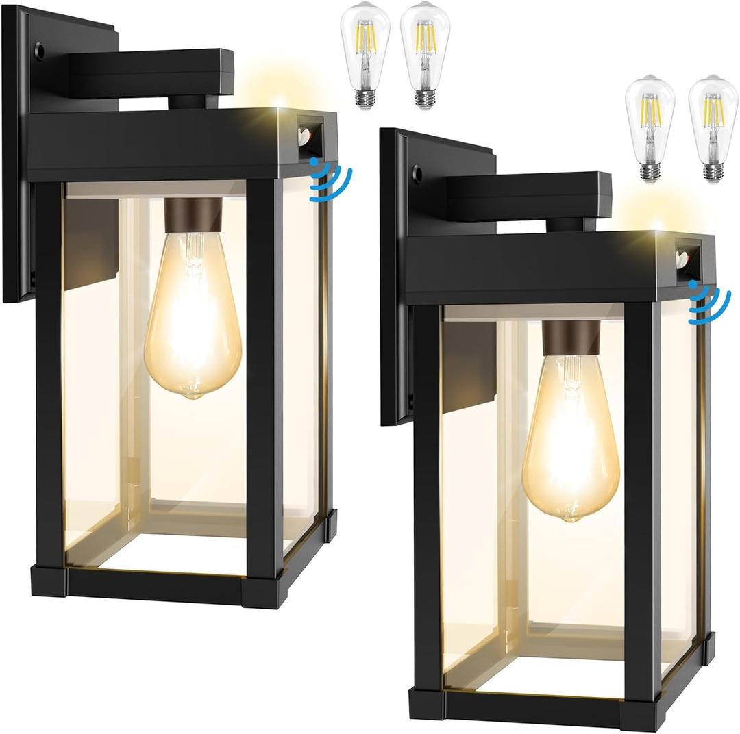 Solar Wall Lights Outdoor with 3 Lighting Modes & Motion Sensor, Solar Porch Light with 2 Bulbs, Waterproof Outdoor Wall Sconce Lantern Lamp Fixture for Garage Porch Shed Barn Yard Garden Front Door (Black (2 Pack))
