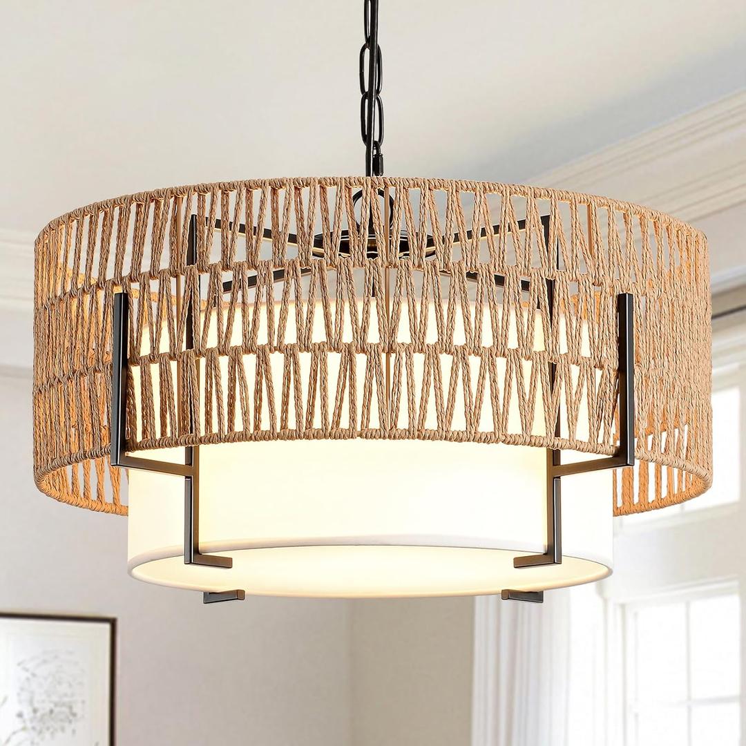 Boho Rattan Chandelier, 19.7" Rattan Pendant Light with Fabric Shade, 4-Light Farmhouse Ceiling Light Fixture Chandelier for Dining Room, Living Room, Bedroom, Kitchen Island, Foyer, Hallway